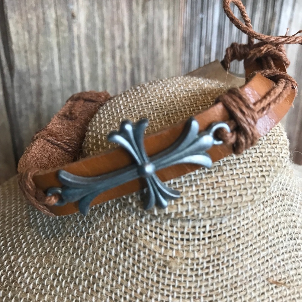 Brown Leather Bracelet with Cross Charm